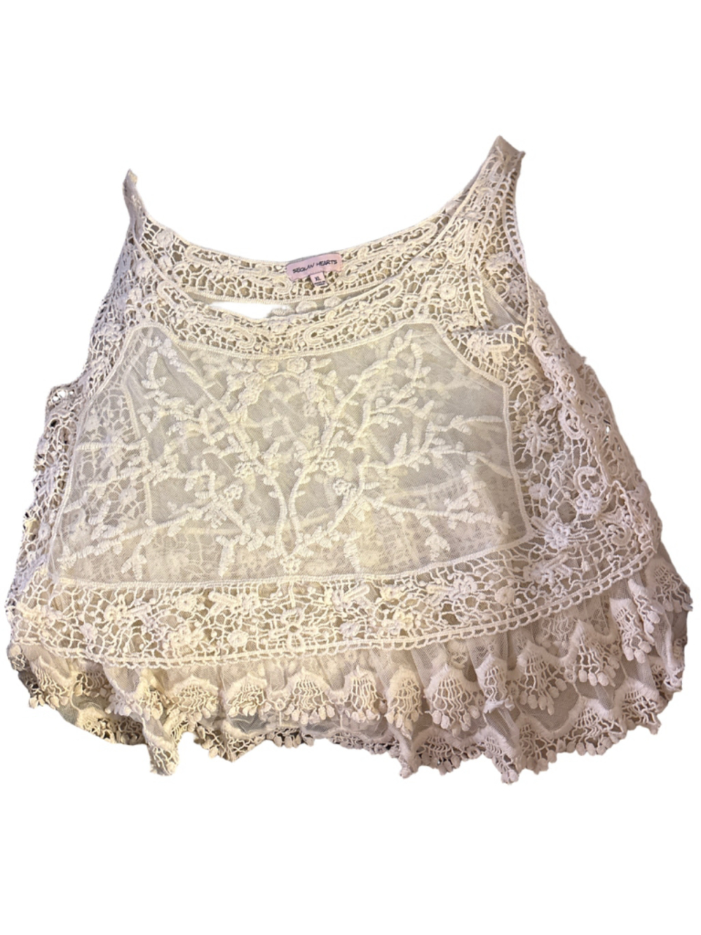 Women's Sequin Hearts Lace Blouse XL Beige